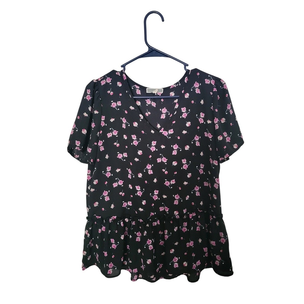 Pleione Peplum Blouse Womens Small Black Pink Floral V-Neck Short Sleeve Ruffle